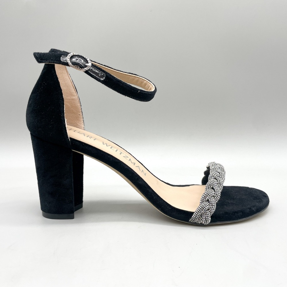 Stuart Weitzman Womens 9AA Braided Crystal Block Heel Sandals Black Glam Wedding
